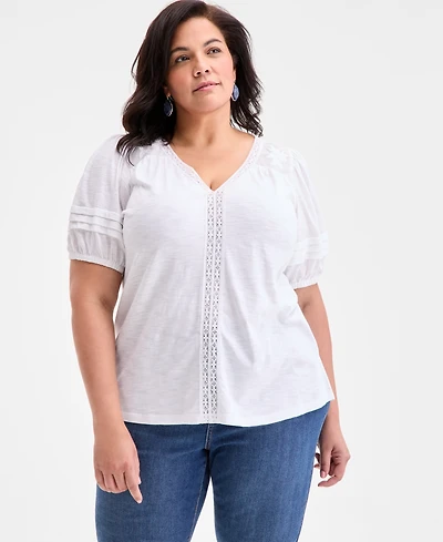 Style & Co Plus V-Neck Short-Sleeve Contrast-Trim Top, Exclusively at Macy's