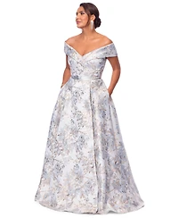 Xscape Petite Off-The-Shoulder Metallic Jacquard Gown