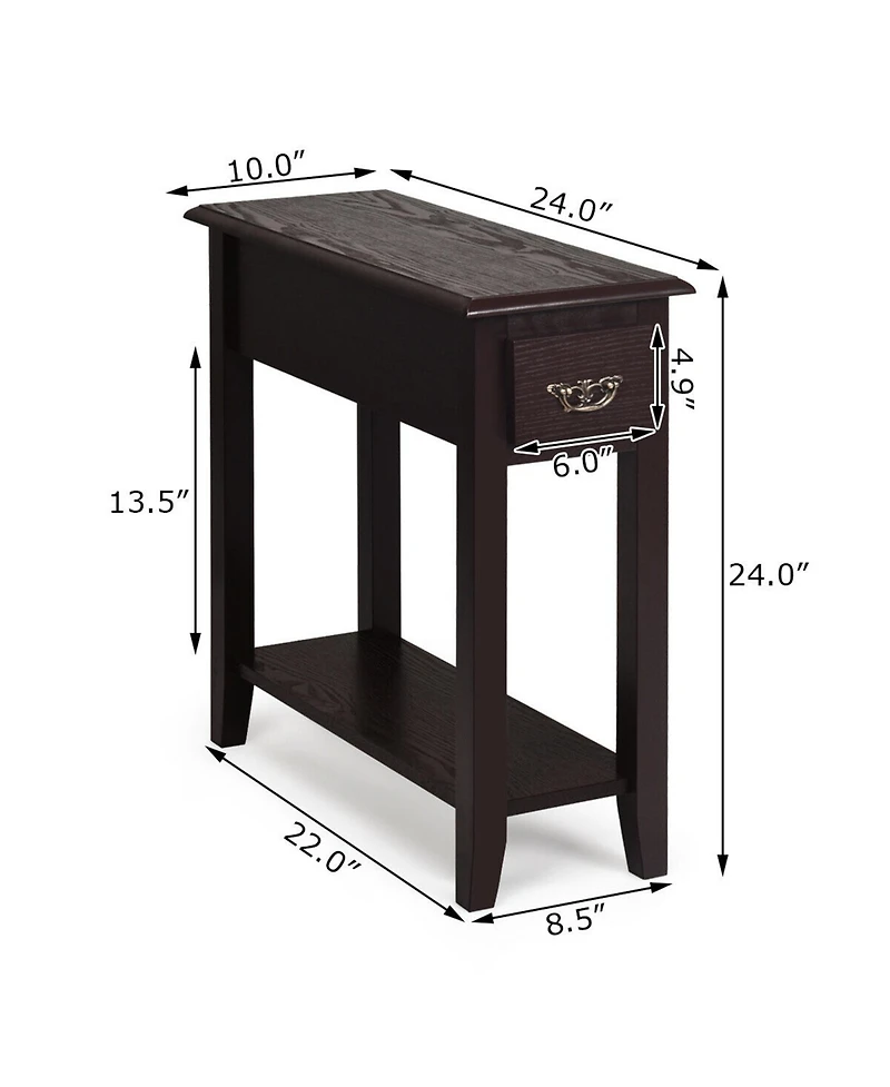 Gymax 2 Tier End Bedside Sofa Side Table Narrow Nightstand w/Drawer &Shelf
