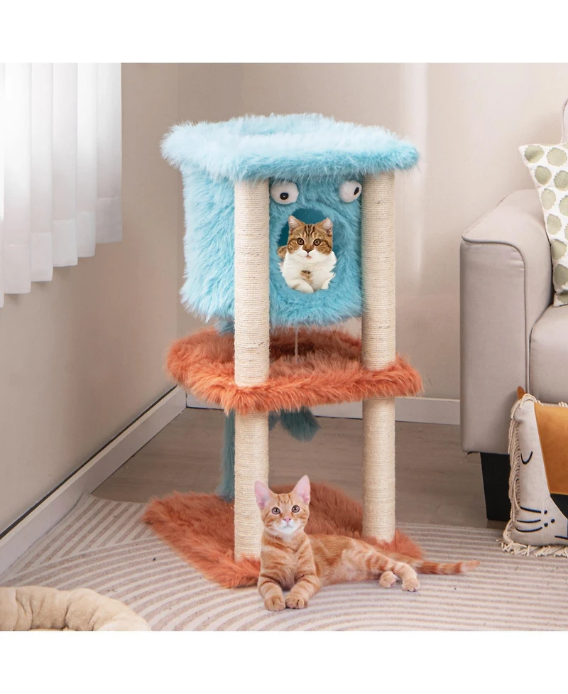 Cute Monster-Themed Cat Tower with Private Condo & Soft Long Plush Cozy & Fun Playhouse for Cats