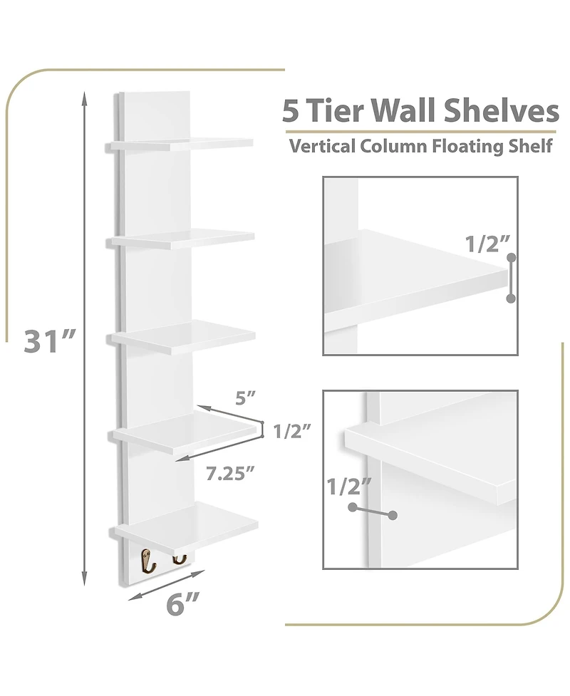 Sorbus 2 Pack 5 Tier Wall Mounted Floating Shelf Unit with Hooks - Home Decor and Storage Organizer