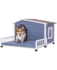 Large Wooden Dog House Indoor Outdoor with Terrace and Open Waterproof Asphalt Roof for Small and Medium Dogs