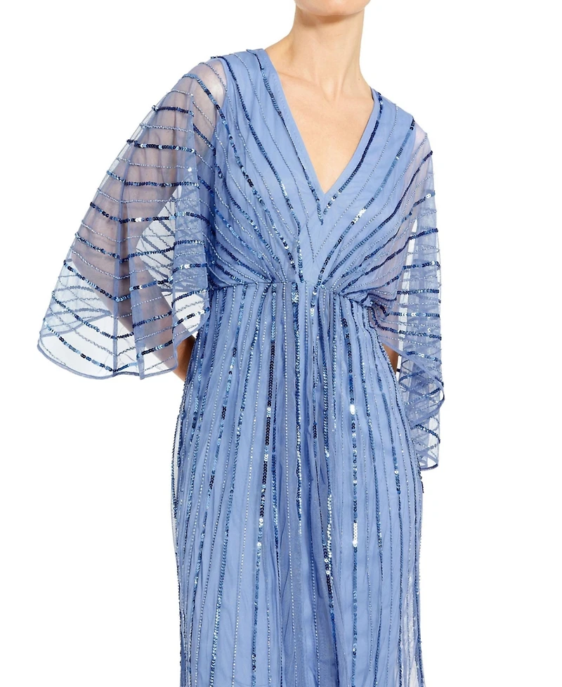 Mac Duggal Women's Beaded Striping Kimono Sleeve V Neck Dress