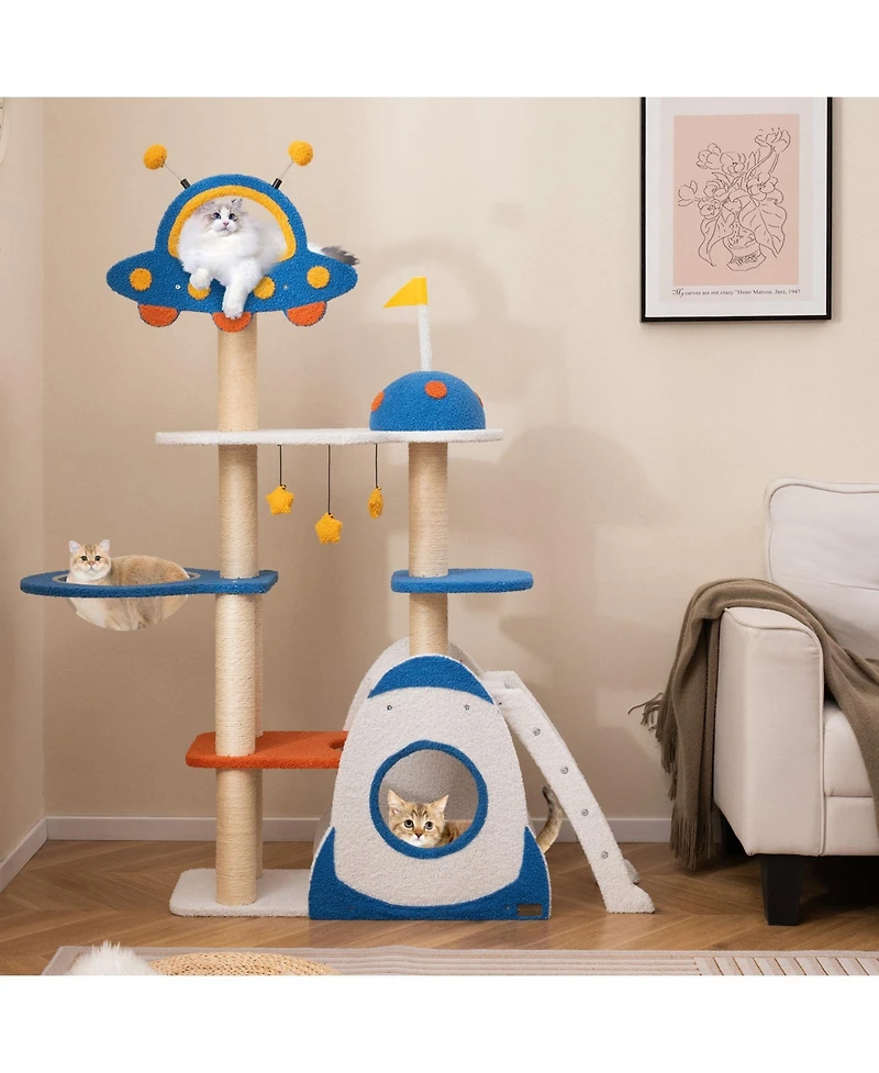 Space-Themed Cat Tree with Multi-Level Tower & Covered Scratching Posts Fun Playhouse for Cats