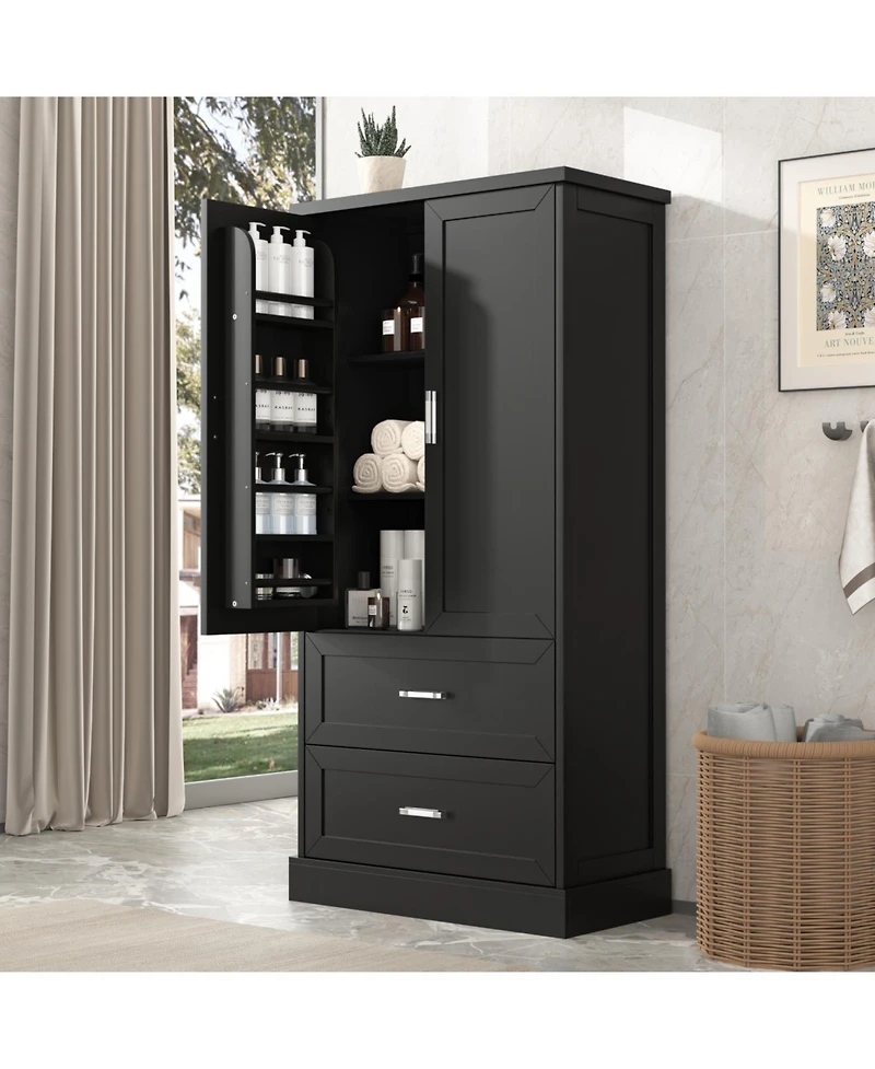 Tall Bathroom Storage Cabinet, Cabinet with Two Doors and Drawers, Adjustable Shelf, Mdf Board, Black