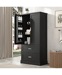 Tall Bathroom Storage Cabinet, Cabinet with Two Doors and Drawers, Adjustable Shelf, Mdf Board, Black