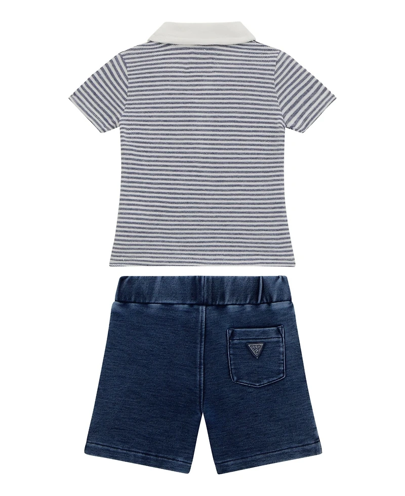Guess Baby Boys 2-Piece Yarn Dye Piquet Polo and Knit Denim Short Set