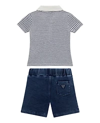 Guess Baby Boys 2-Piece Yarn Dye Piquet Polo and Knit Denim Short Set