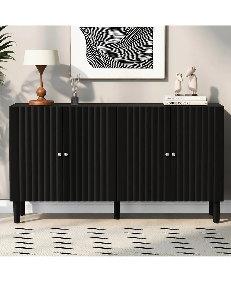 Streamdale Elegant Four-Door Sideboard with Wavy Doors, Cylindrical Legs & Metal Handles