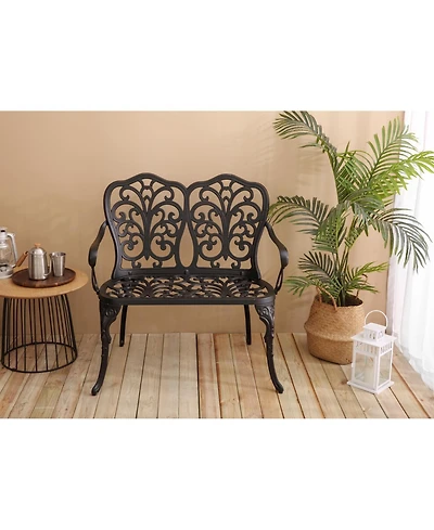 Streamdale Patio Garden Bench Metal Park Bench Cast Aluminum Outdoor Furniture with Floral Rose for Patio,Park,Lawn,Yard Black