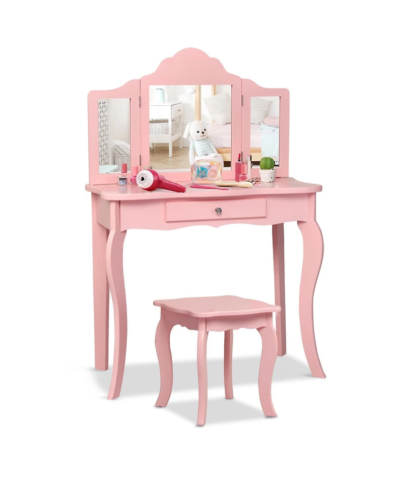 Kids Makeup Dressing Mirror Vanity Table Stool Set