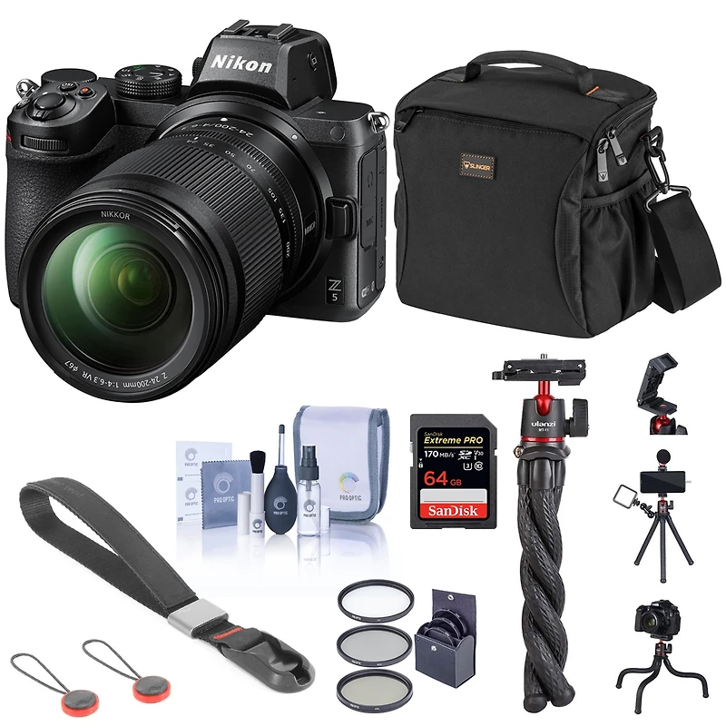 Nikon Z5 Full Frame Mirrorless Camera with 24-200mm Zoom Lens, Basic Bundle with 64GB Sd Card, Bag, Flexible Tripod, Wrist Strap and Accessories