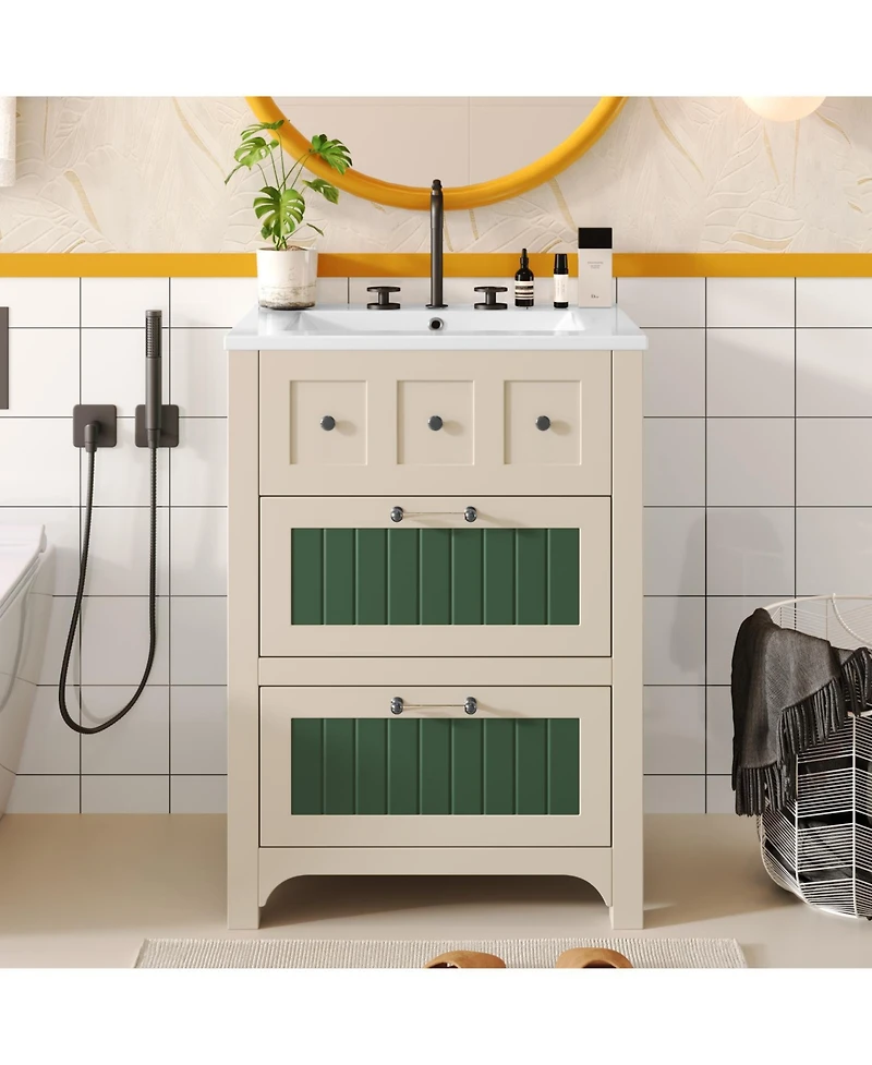 Streamdale 24 Inch Bathroom Vanity with Ceramic Sink, Bathroom Vanity Cabinet with 2 Drawers, Wooden Bathroom Sink Cabinet