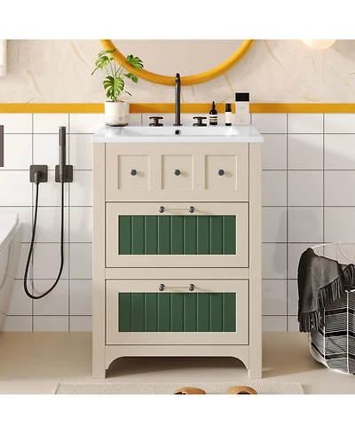 Streamdale 24 Inch Bathroom Vanity with Ceramic Sink, Bathroom Vanity Cabinet with 2 Drawers, Wooden Bathroom Sink Cabinet
