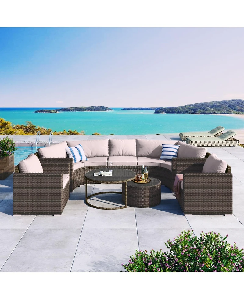Streamdale 9-Pieces Outdoor Half-moon Patio Sofa Set, Round Sofa Set, Modern Style Sofa, Brown Wicker, Beige Cushion