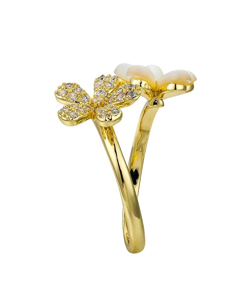 Unwritten Cubic Zirconia Mother of Pearl Flower Bypass Ring
