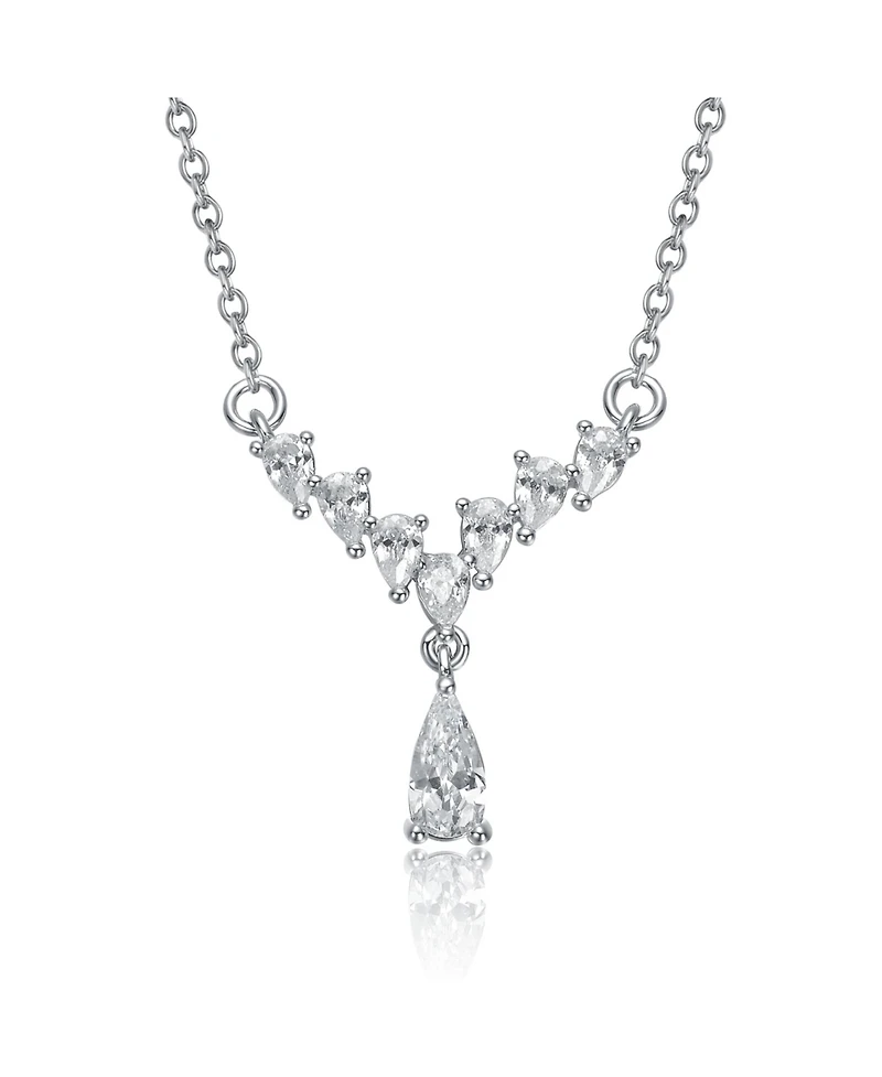 Sterling Silver White Gold Plated with Clear Graduated Cubic Zirconia Y-Necklace