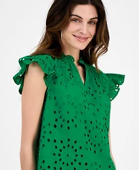 Anne Klein Women's Cotton Flutter-Sleeve Eyelet Blouse