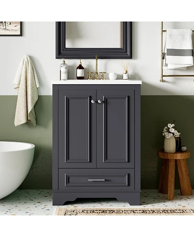 Streamdale 24" Bathroom Vanity with Ceramic Sink Combo, Modern Freestanding Storage Cabinet with Silver Handles, Soft Closing Doors