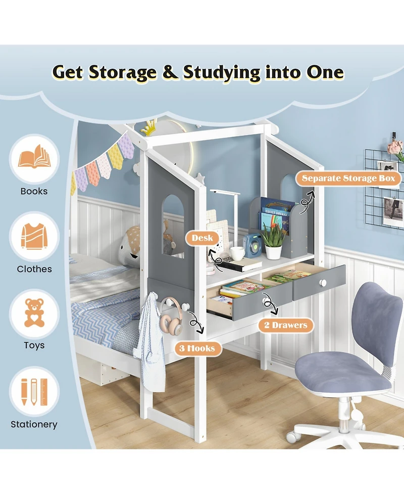 Gouun Twin Bed Frame with House Roof Canopy and Fence for Kids-Twin Size