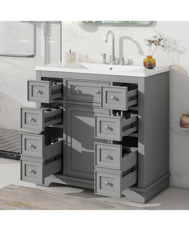 Streamdale 36" Bathroom Vanity with Sink Combo, One Cabinet and Six Drawers, Solid Wood and Mdf Board, Grey