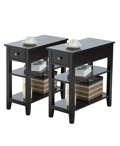 Gymax Set of 2 3-Tier Nightstand Bedside Side End Table w/Double Shelves Drawer