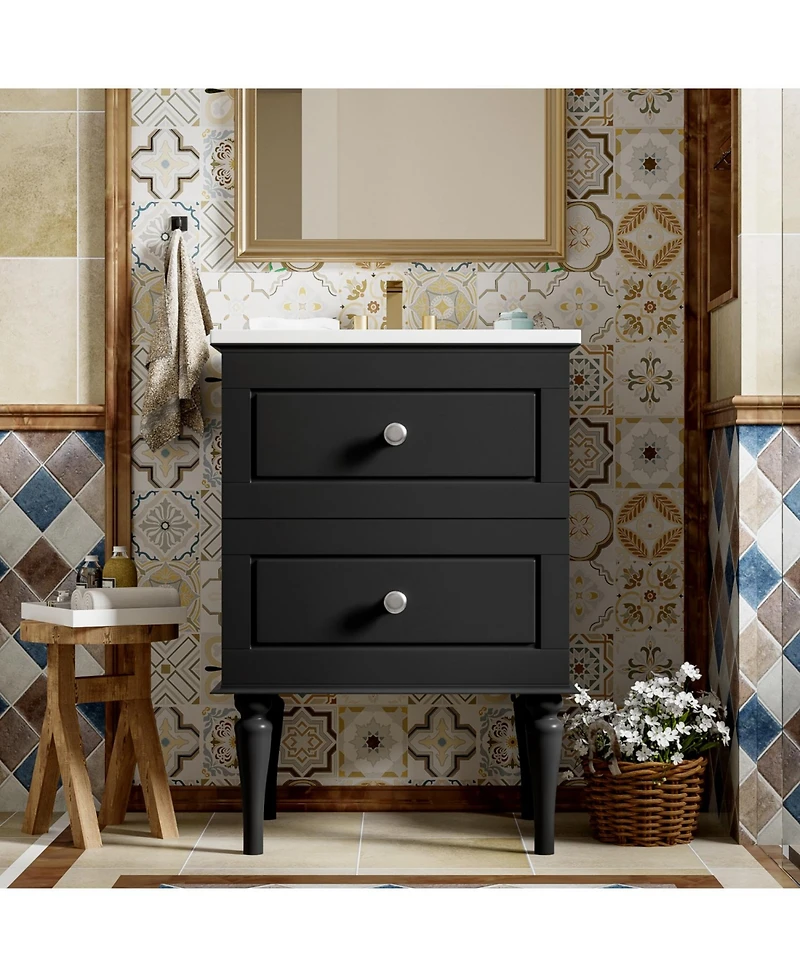 Streamdale 24" Solid Wood Bathroom Vanity Cabinet with Sink and 2 Drawers, Black