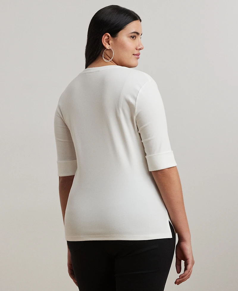 Lauren Ralph Plus Stretch Cotton Elbow-Sleeve V-Neck Tee