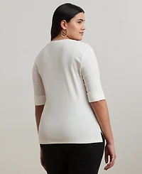 Lauren Ralph Plus Stretch Cotton Elbow-Sleeve V-Neck Tee