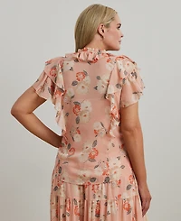 Lauren Ralph Plus Floral Ruffle-Trim Georgette Blouse