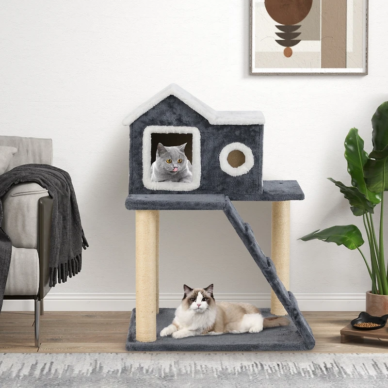 Tower Condo Cat Tree with Scratching Posts & Ladder Multi-Level Playhouse for Cats