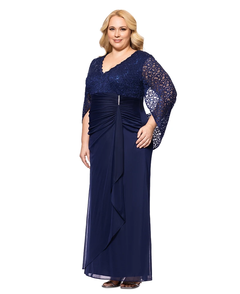 Betsy & Adam Plus Size Lace-Cape-Sleeve Embellished Gown