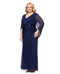 Betsy & Adam Plus Size Lace-Cape-Sleeve Embellished Gown