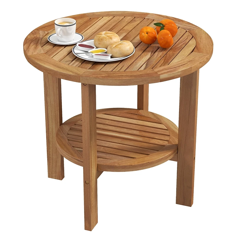 Patio Teak Wood End Table with Round Top and Lower Storage Shelf