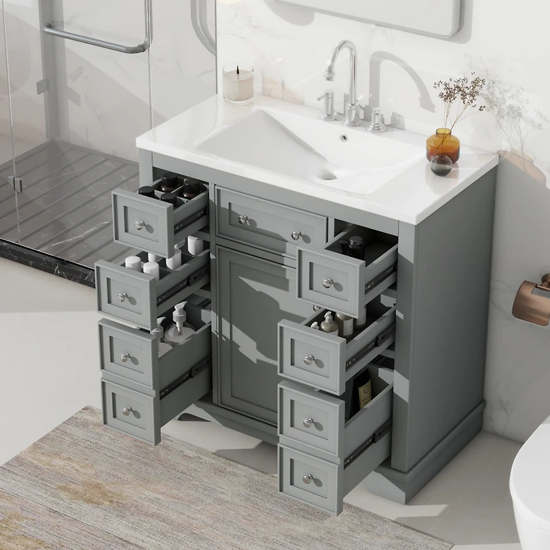 Streamdale 36" Bathroom Vanity with Sink Combo, One Cabinet and Six Drawers, Solid Wood and Mdf Board, Grey