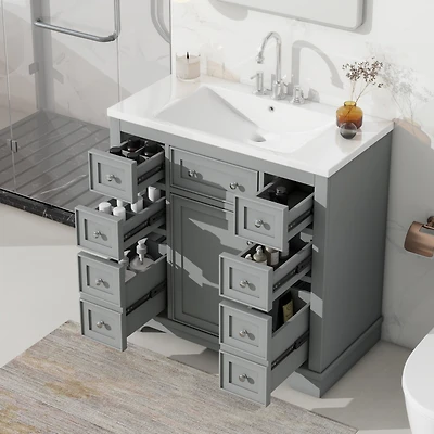Streamdale 36" Bathroom Vanity with Sink Combo, One Cabinet and Six Drawers, Solid Wood and Mdf Board, Grey
