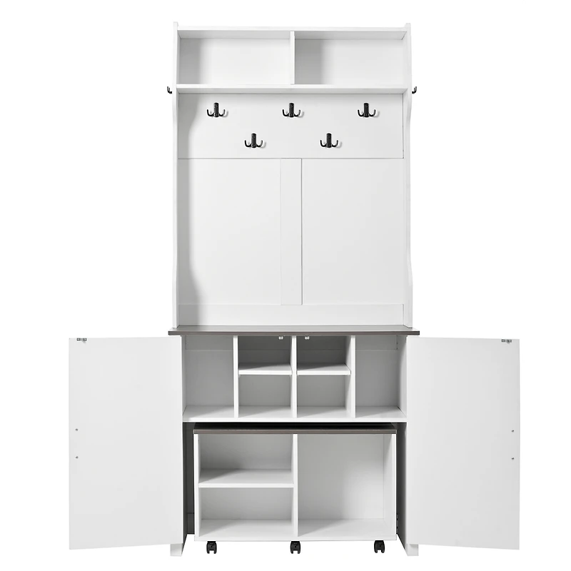 Streamdale Farmhouse 4-in-1 Hall Tree with Barn Doors Movable Bench, Hooks, Shoe Storage, & Wheels