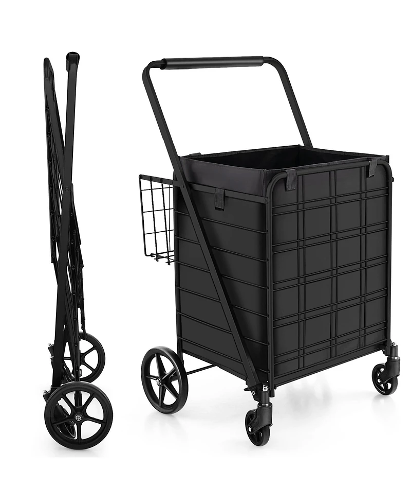 Folding Shopping Cart with Wheels, Basket & Waterproof Liner Portable & Heavy-Duty Grocery Trolley