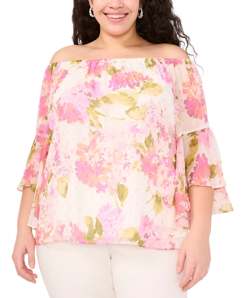 Msk Plus Size Printed Off-The-Shoulder Chiffon Blouse