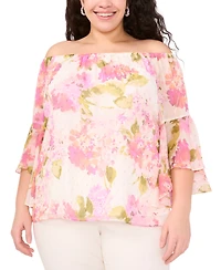 Msk Plus Size Printed Off-The-Shoulder Chiffon Blouse