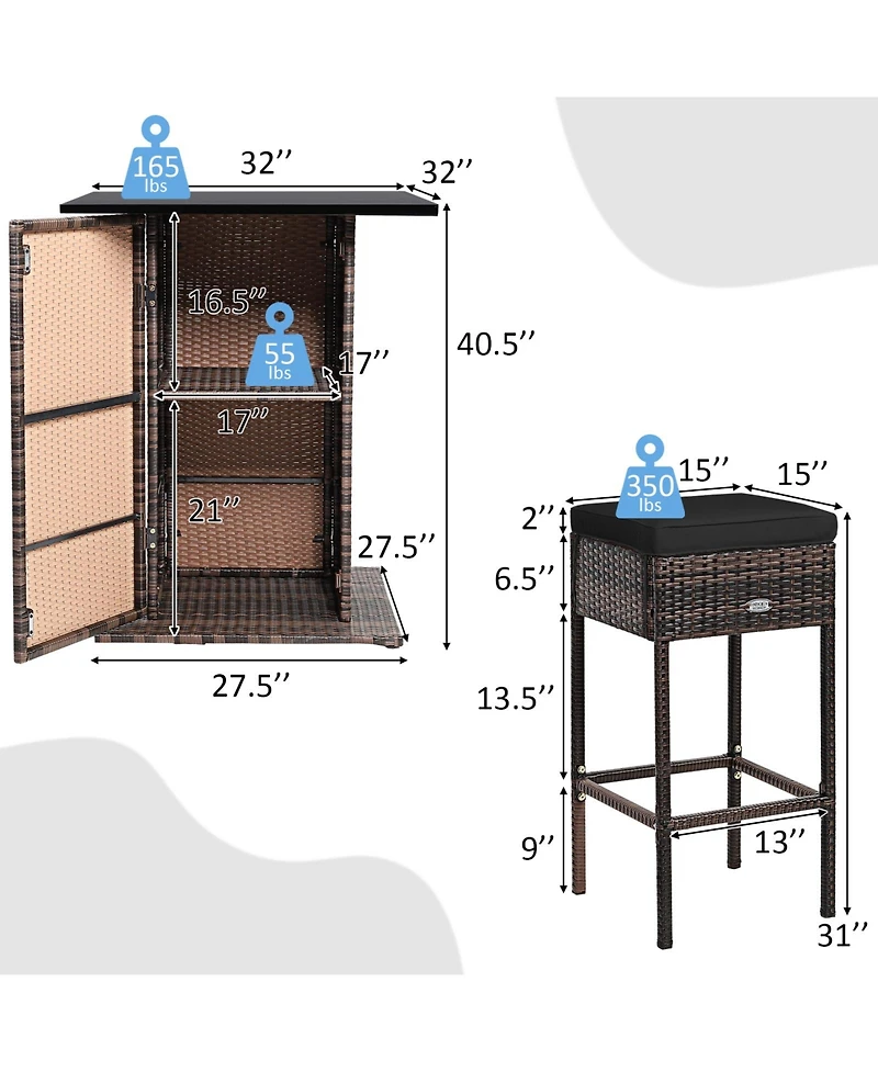 5 Pieces Patio Rattan Bar Furniture Set with Cushions and Hidden Storage Shelf For Outdoor