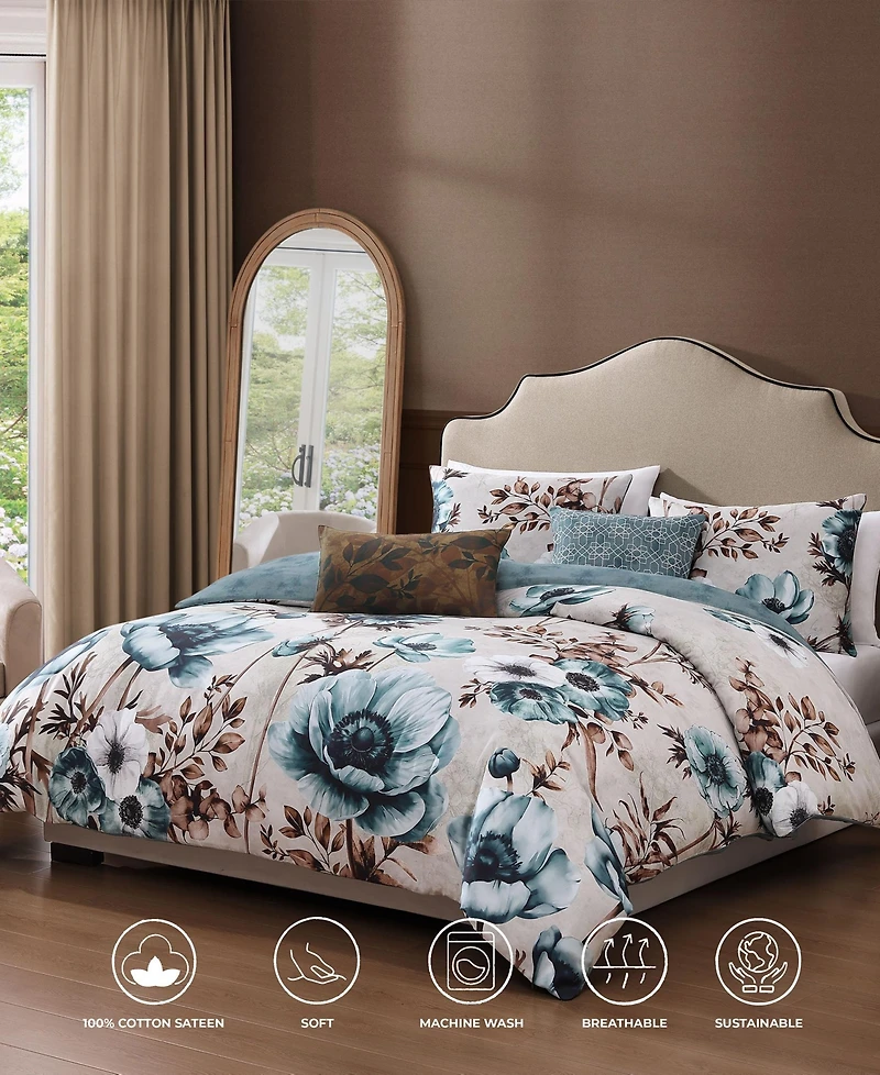 Bebejan Flowers in the Mist Bedding 100% Cotton Sateen 5 Piece Queen Size Reversible Comforter Set