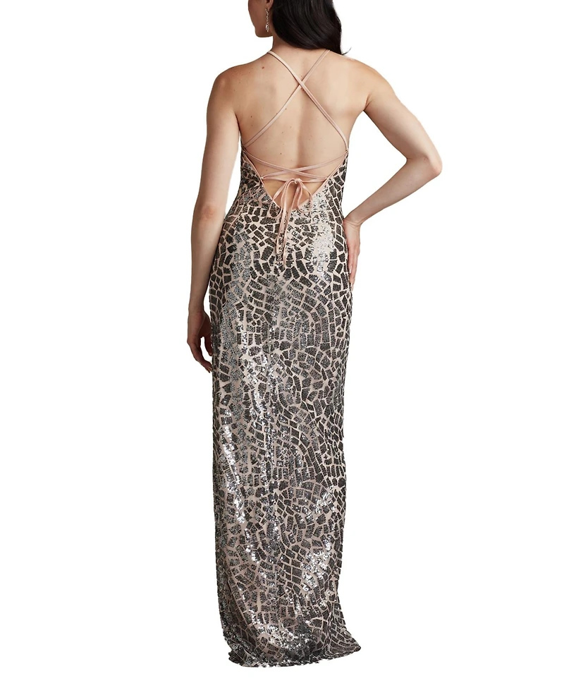Tadashi Shoji Koda Animal Sequin Halter Gown