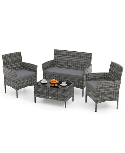 Gymax Set of 4 Furniture Set w/ Washable Cushions & Tempered Glass Coffee Table Patio