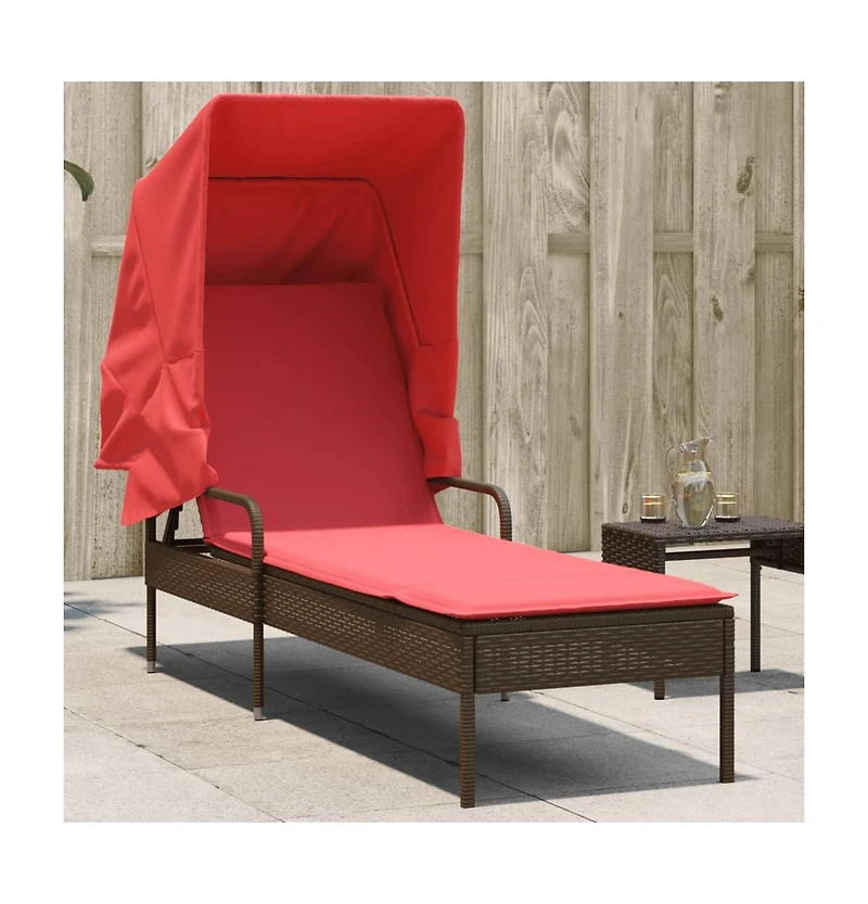 Sun Lounger with Canopy Brown Poly Rattan