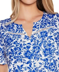 Belldini Women's Floral Printed Eyelet Short Sleeve Knit Top