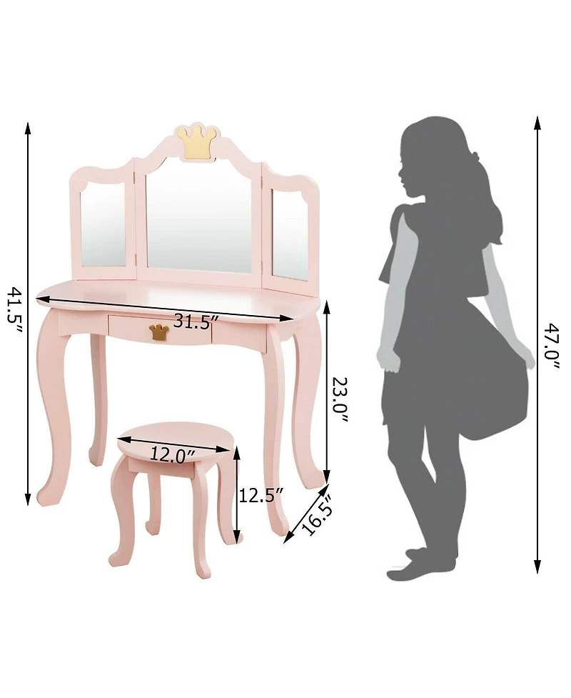 Kids Makeup Dressing Table with Tri-folding Mirror and Stool