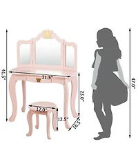 Kids Makeup Dressing Table with Tri-folding Mirror and Stool