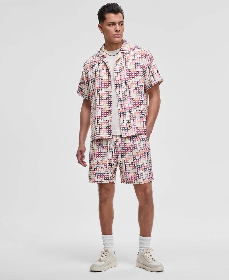 Mode of One Men's Squared Up Relaxed-Fit Geo-Print Button-Down Shiny Twill Camp Shirt, Exclusively at Macy's