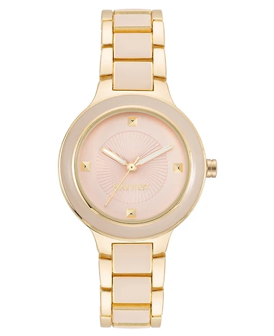 Nine West Women's Quartz Round Pink Enamel and Gold-Tone Metal Alloy Watch, 32mm